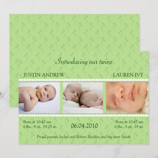 Groene Pearl Twins-aankondiging Aankondiging (Voorkant / Achterkant)