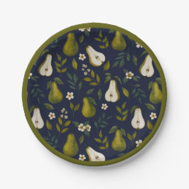 Groene Peer Watercolor Patroon op Donkerblauw Papieren Bordje