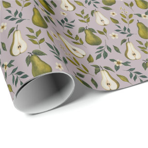 Groene Peer Waterverf Patroon op Stof Lilac Cadeaupapier