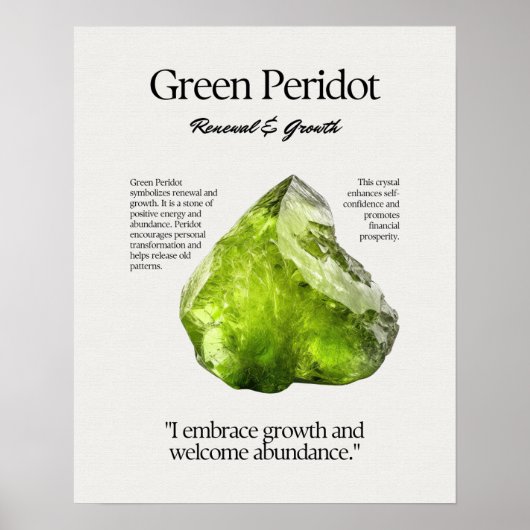 Groene Peridot Gem Crystal Betekenis Kaart Poster (Voorkant)