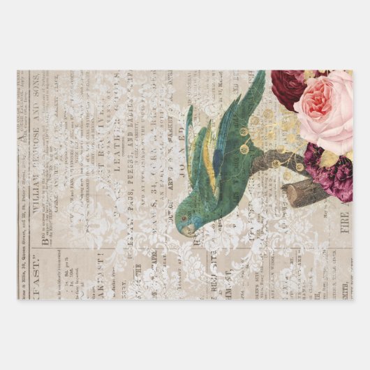 Groene perrot met Rozen op krant Inpakpapier Vel (Voorkant)