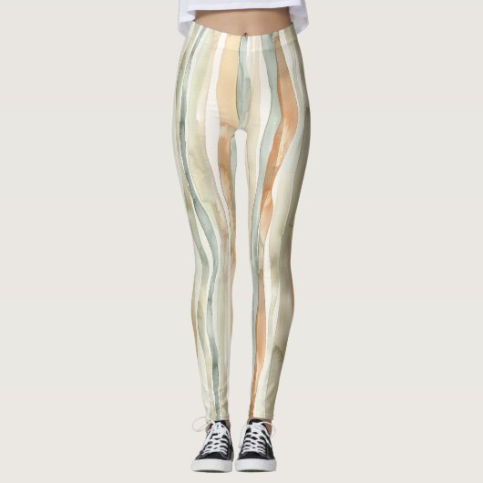 Groene Perzik Crème Strepen Leggings (Voorkant)