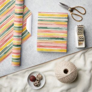 Groene Perzik Roos Rood Gele Strepen Verjaardag Cadeaupapier