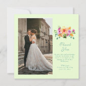 Groene perzik roze bloemige fotoscript dank u kaart (Voorkant)