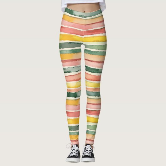 Groene Perzik Roze Rode Gele Strepen Leggings (Voorkant)