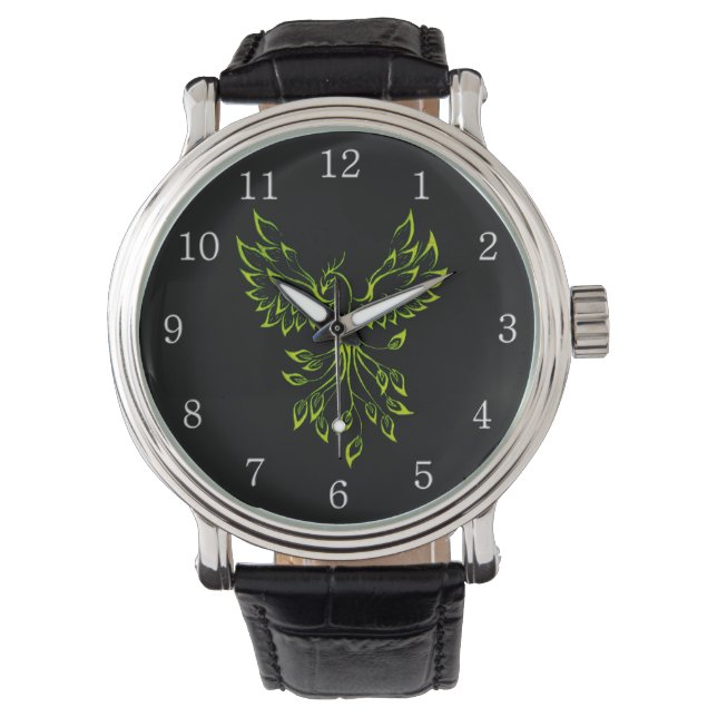 Groene Phoenix stijgt op zwarte witte cijfers Horloge (Voorkant)