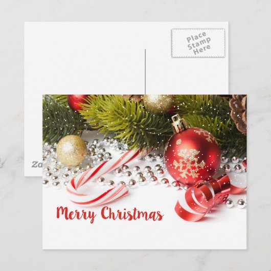 Groene pine tak en rode lampjes illustratie briefkaart (Voorkant / Achterkant)