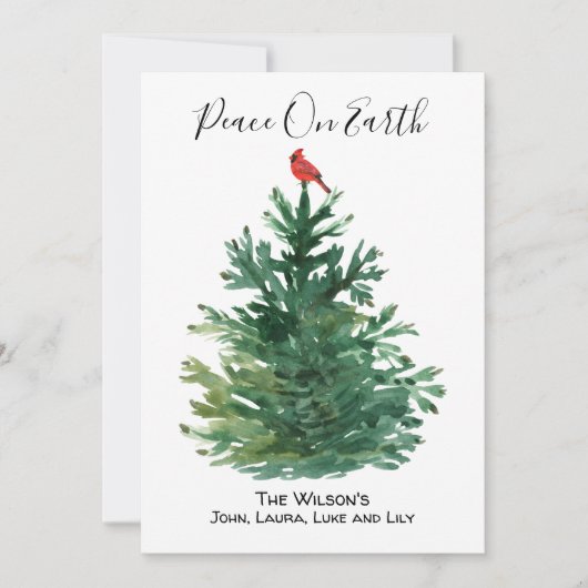 Groene Pine Tree Red Kardinaal Vrede op Aarde Aang Feestdagenkaart (Voorkant)