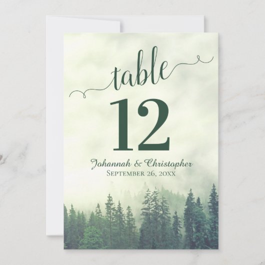 Groene Pine Trees Wedding Table Number Kaart Groot (Voorkant)