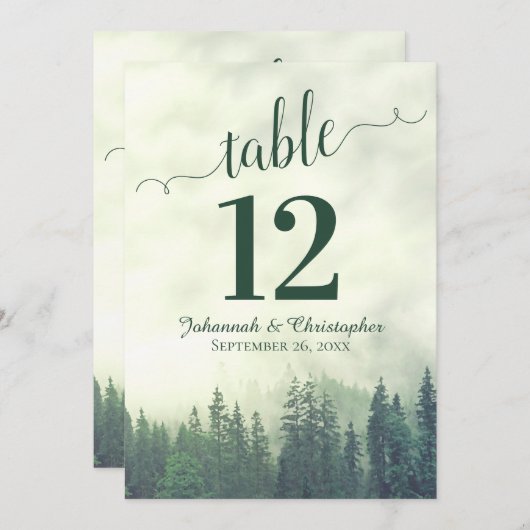 Groene Pine Trees Wedding Table Number Kaart Groot (Voorkant / Achterkant)