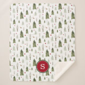 Groene Pine Winter Forest Waterverf Monogram Sherpa Deken (Voorkant)