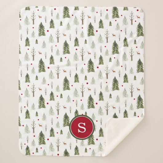 Groene Pine Winter Forest Waterverf Monogram Sherpa Deken (Voorkant)
