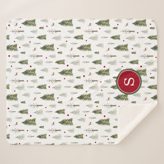 Groene Pine Winter Forest Waterverf Monogram Sherpa Deken (Voorkant (horizontaal))