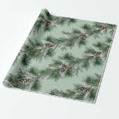 Groene Pine Witte Kegels Zilveren Spar Garland Sag Cadeaupapier (Uitgerold)