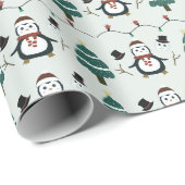 Groene Pinguïns en Kerstbomen Kerstmis Cadeaupapier (Rol Hoek)
