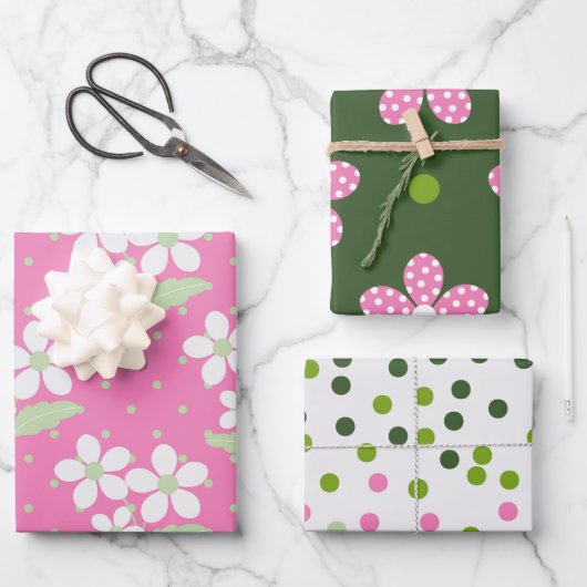 GROENE PINK WHITE DAISY FLOWERS & POLKA DOTS INPAKPAPIER VEL (Voorkant)