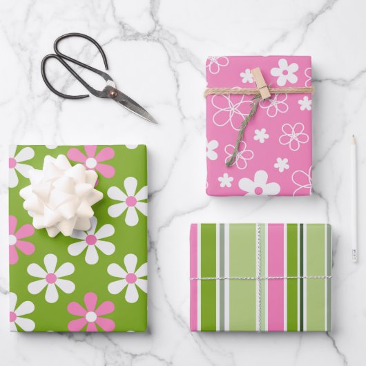 GROENE PINK WHITE DAISY FLOWERS & STRIPES INPAKPAPIER VEL (Voorkant)