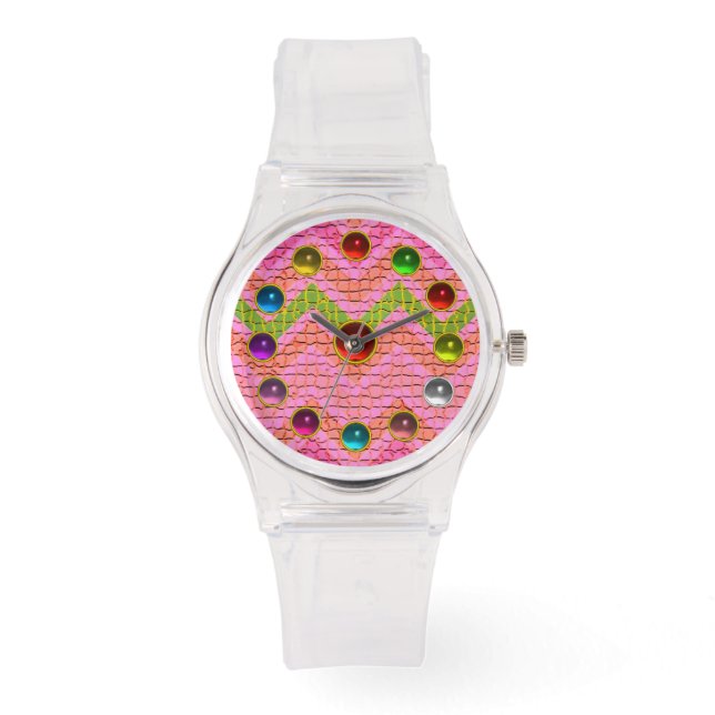 GROENE PINKCHEVRONEN EN KLEURSTONEN HORLOGE (Voorkant)