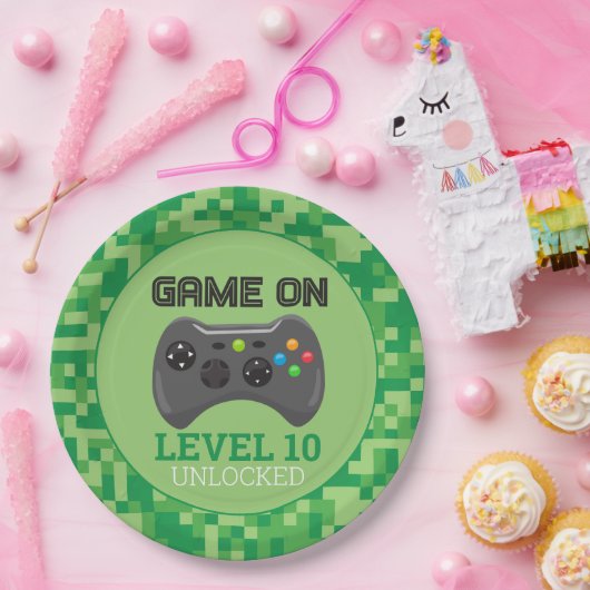 Groene Pixelated niveau omhoog Videogame Verjaarda Papieren Bordje (Feest)