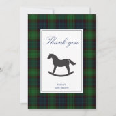 Groene plaid rocking horse classic baby shower bedankkaart (Voorkant)