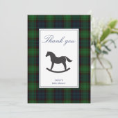 Groene plaid rocking horse classic baby shower bedankkaart (Staand voorkant)