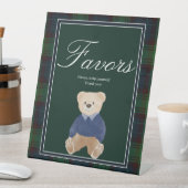 Groene plaid teddybeer baby shower gunsttafel reclamebord met voetstuk (Insitu)