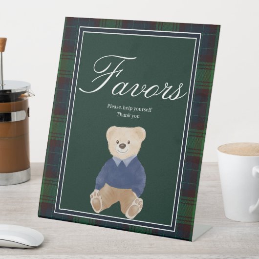 Groene plaid teddybeer baby shower gunsttafel reclamebord met voetstuk (Insitu)