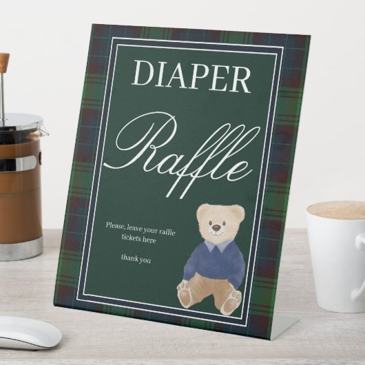 Groene plaid teddybeer baby shower luierverloting reclamebord met voetstuk (Insitu)