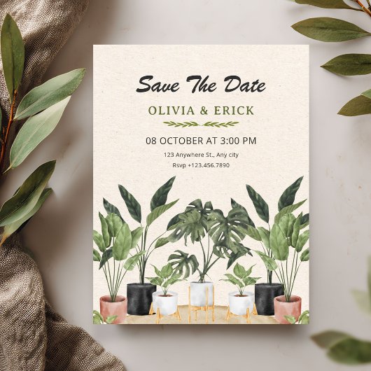 Groene planten bruiloft save the date