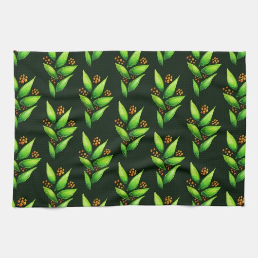 Groene Planten met Waterverf van bessen Theedoek (Horizontaal)