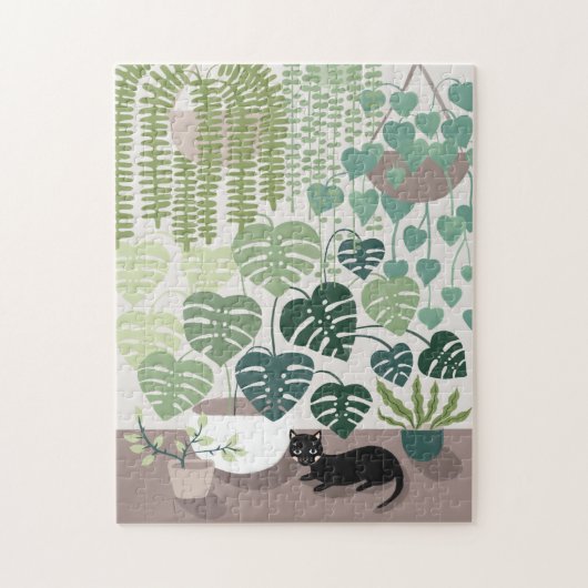 Groene planten, monstera en zwarte kunstpuzzel legpuzzel (Verticaal)