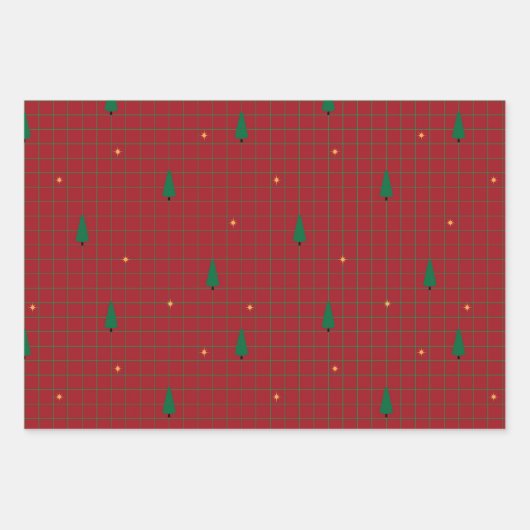 Groene pleinen met kerstbomen op rood inpakpapier vel (Voorkant 3)