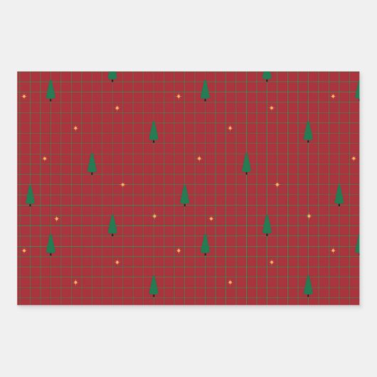 Groene pleinen met kerstbomen op rood inpakpapier vel (Voorkant)