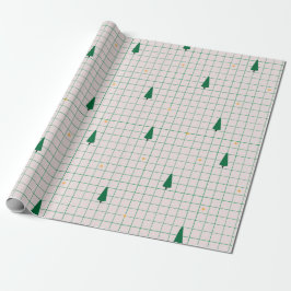 Groene pleinen met kerstbomen op wit cadeaupapier
