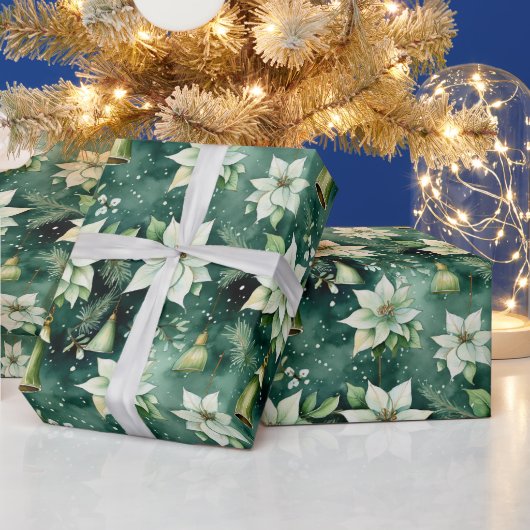 Groene Poinsettia & Bell Kerst Wrap Cadeaupapier (Feestdagen)