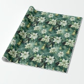 Groene Poinsettia & Bell Kerst Wrap Cadeaupapier (Uitgerold)