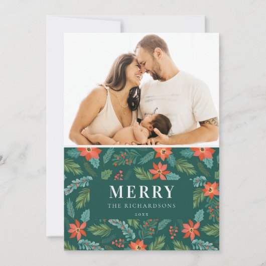 Groene Poinsettia Kerstmis Patronen Foto Feestdagenkaart (Voorkant)