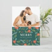 Groene Poinsettia Kerstmis Patronen Foto Feestdagenkaart (Staand voorkant)