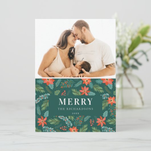 Groene Poinsettia Kerstmis Patronen Foto Feestdagenkaart (Staand voorkant)