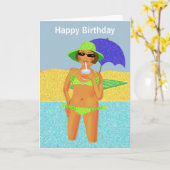 Groene polka dot bikini strandmeisje kaart (Gele Bloem)