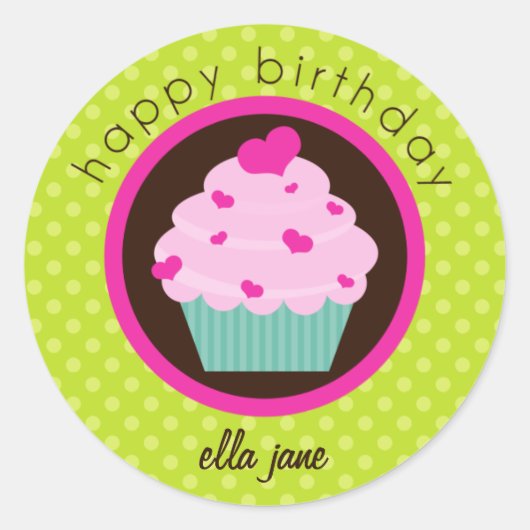 Groene Polka Dot Cupcake Happy Birthday Sticker (Voorkant)