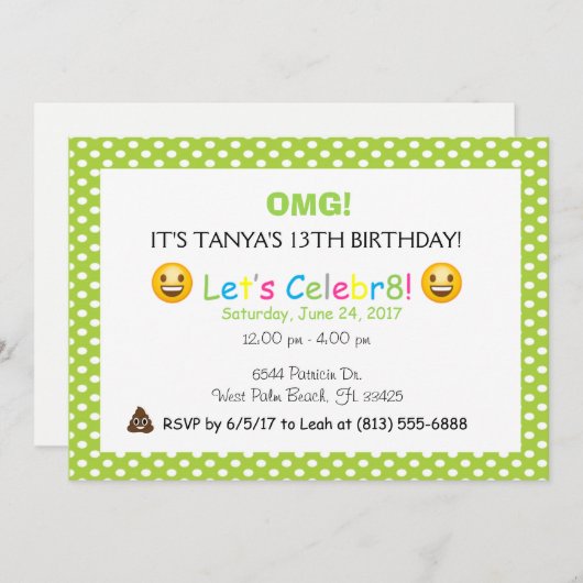 groene polka dot emoji verjaardag uitnodiging (Voorkant / Achterkant)
