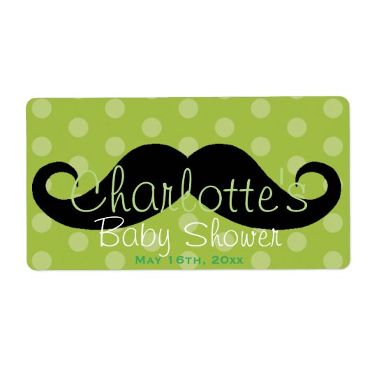Groene Polka Dot Mustache Baby shower Waterfles Etiket (Voorkant)