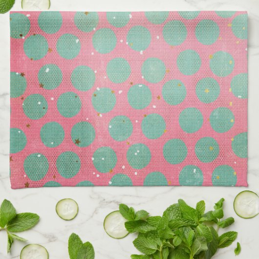 Groene Polka Dots and Gold Stars op een Red Kitche Theedoek (Gevouwen)