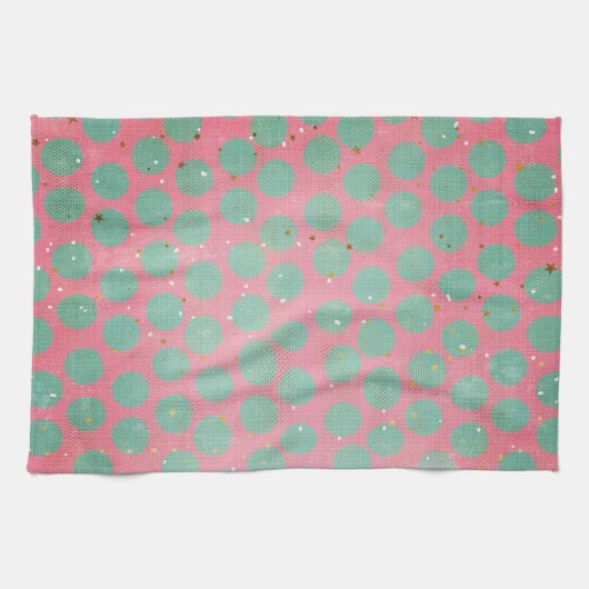 Groene Polka Dots and Gold Stars op een Red Kitche Theedoek (Horizontaal)