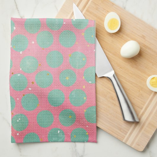 Groene Polka Dots and Gold Stars op een Red Kitche Theedoek (Quarter Fold)