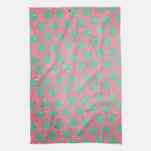 Groene Polka Dots and Gold Stars op een Red Kitche Theedoek (Verticaal)