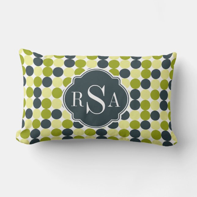 Groene Polka Dots en Blauwe Monogram Kussen (Voorkant)
