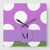 Groene Polka Dots, Paarse Polka Dots, Monogram Vierkante Klok (Voorkant)