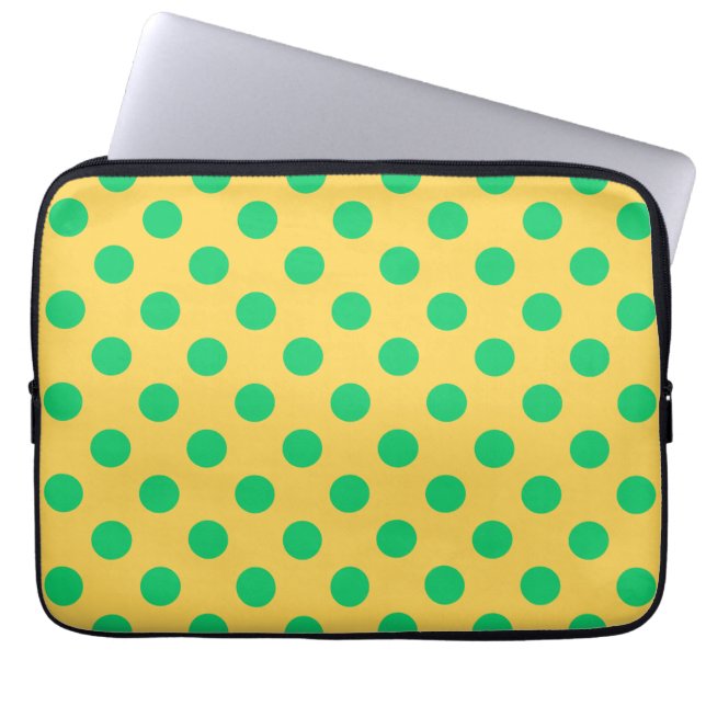 Groene polka-stippen op geel laptop sleeve (Voorkant)
